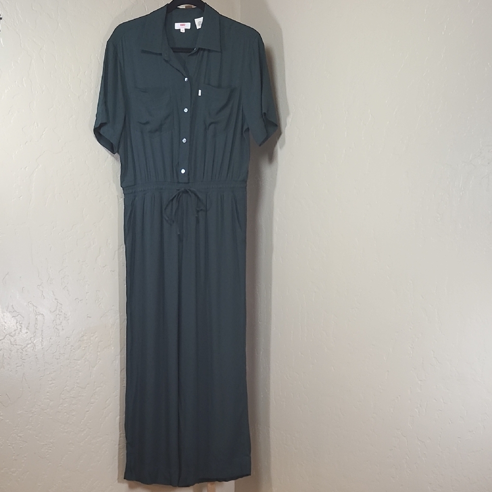 Levi's Dark Green Black Geometric Pattern Button-Up Jumpsuit Elastic Tie Waist